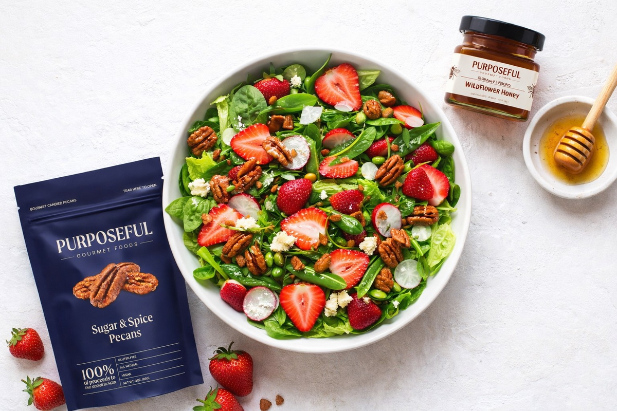 Spring Strawberry Salad with Purposeful Pecans and Wildflower Honey Vinaigrette