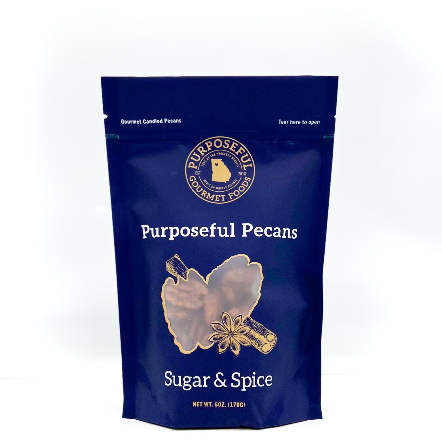 purposeful sugar & spice pecans packaged